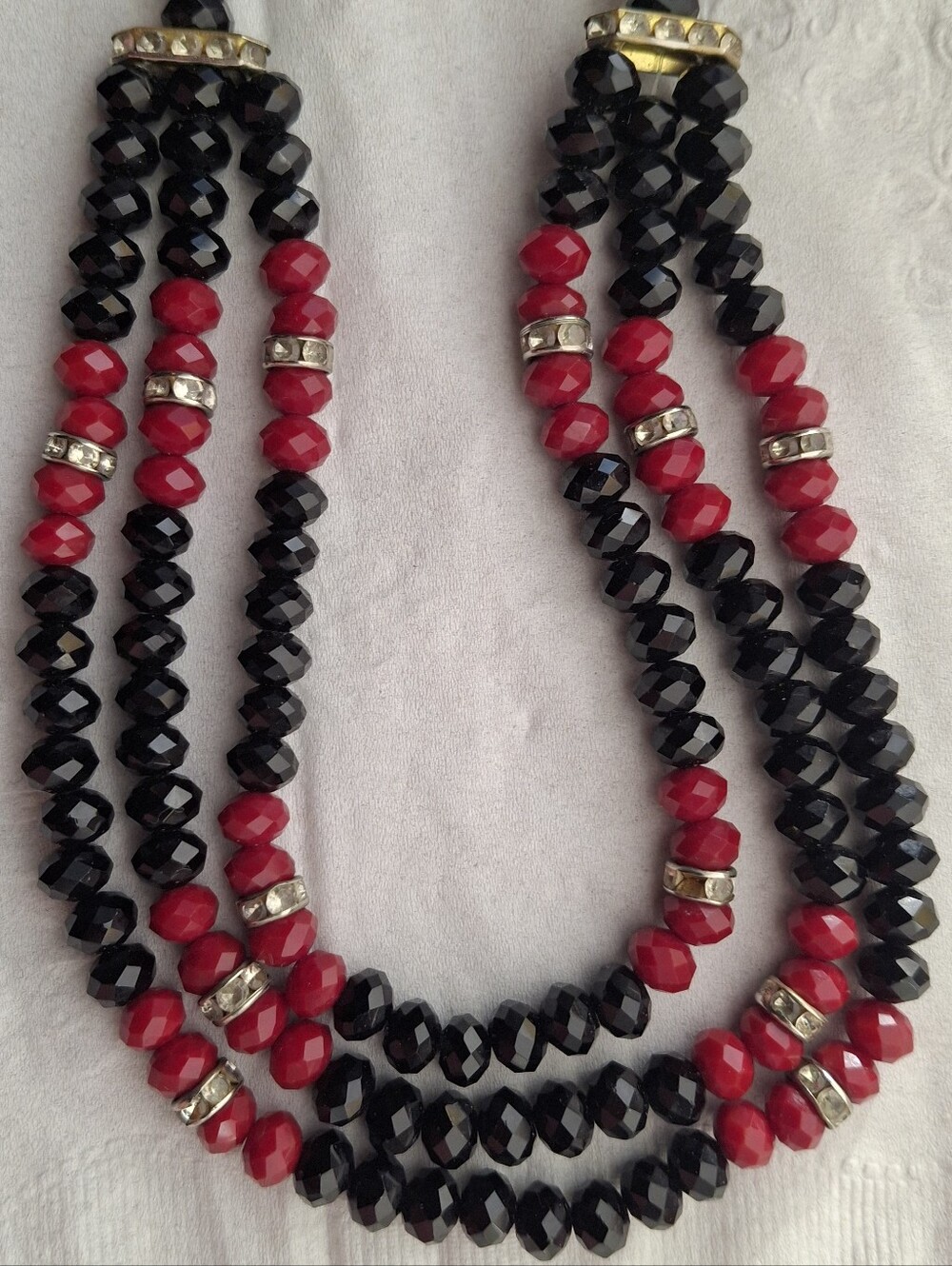 Multi-Strand Black & Red Beaded Necklace with Rhinestone Spacers Adjustable